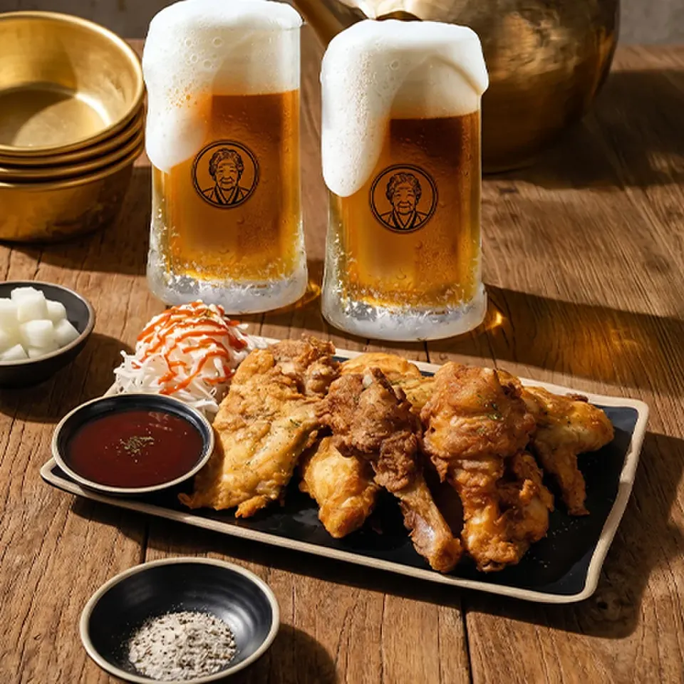 할매기름집 옛날치맥세트, 생맥주 두 잔과 치킨